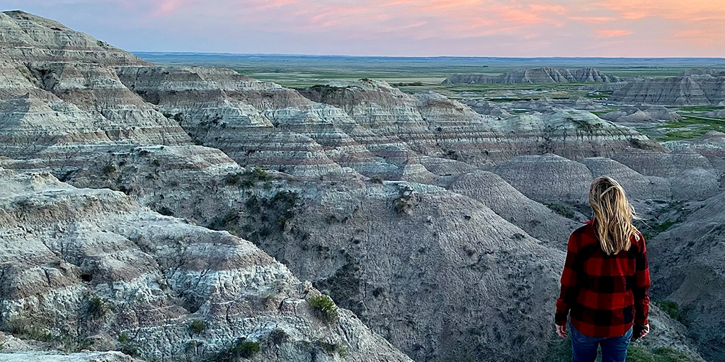 Karen Smith at dusk in Badlands National Park